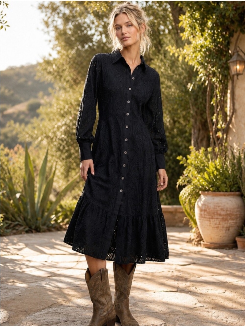 Mango Black Long-Sleeve Button-Front Eyelet Midi Dress